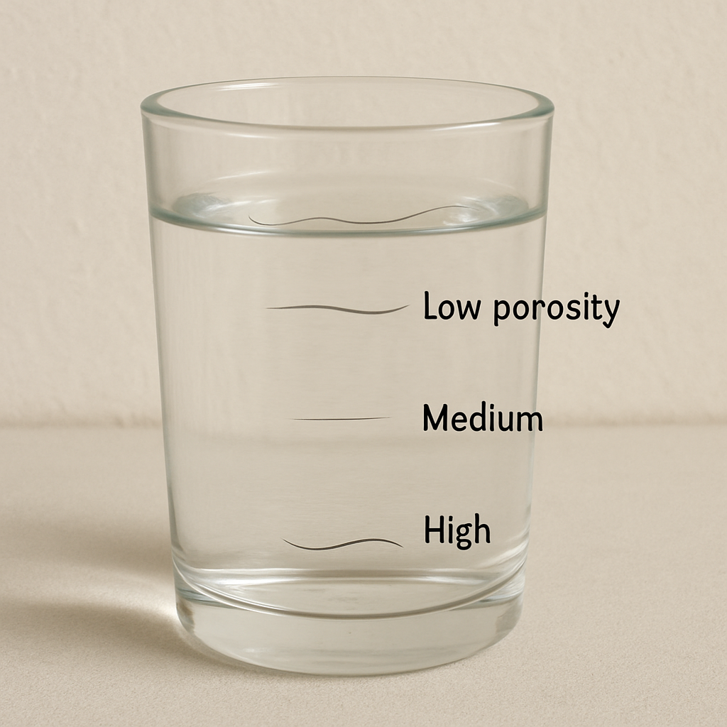 A clear glass of water with three hair strands: one floating at the top (low porosity), one in the middle (medium), and one at the bottom (high).