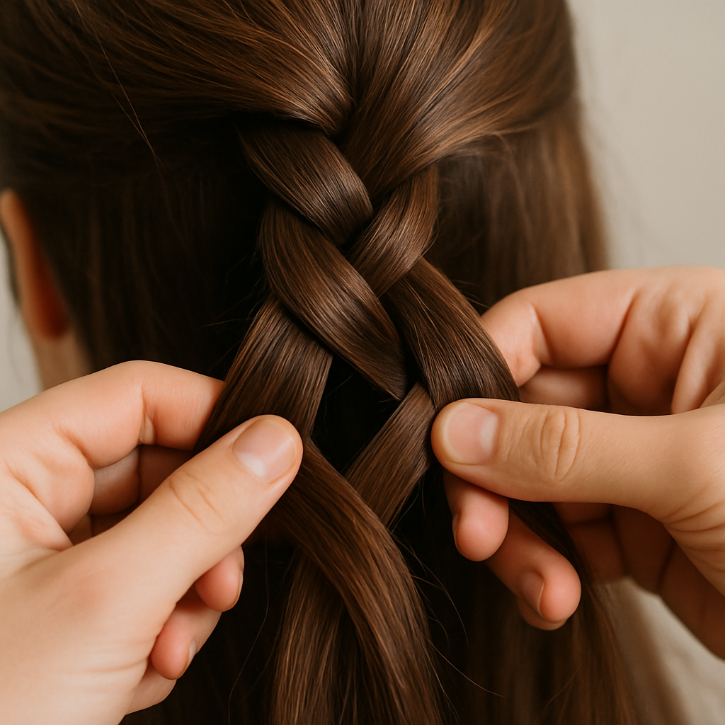 Close-up view of hands performing a Dutch braid, showing the side strand passing under the middle strand.