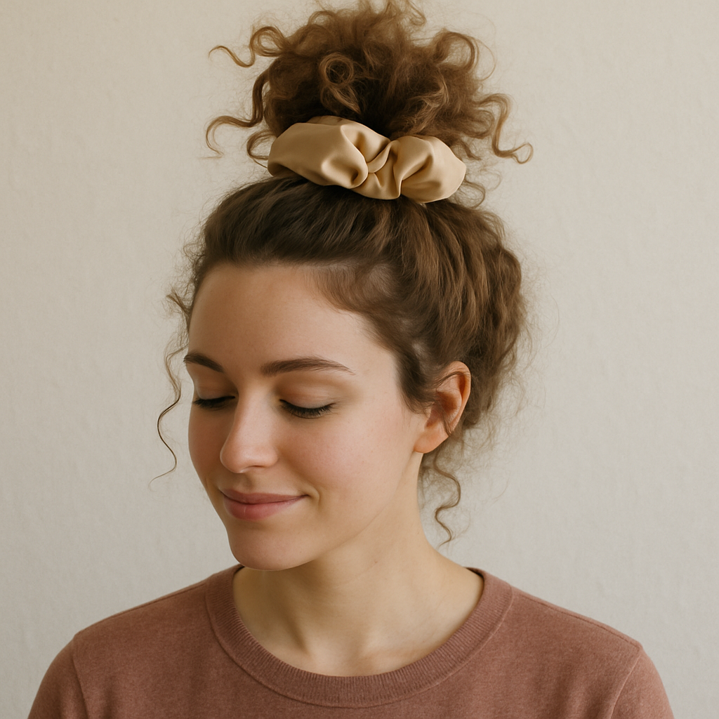A woman with her hair gathered loosely at the very top of her head (the 'Pineapple') secured with a large silk scrunchie.
